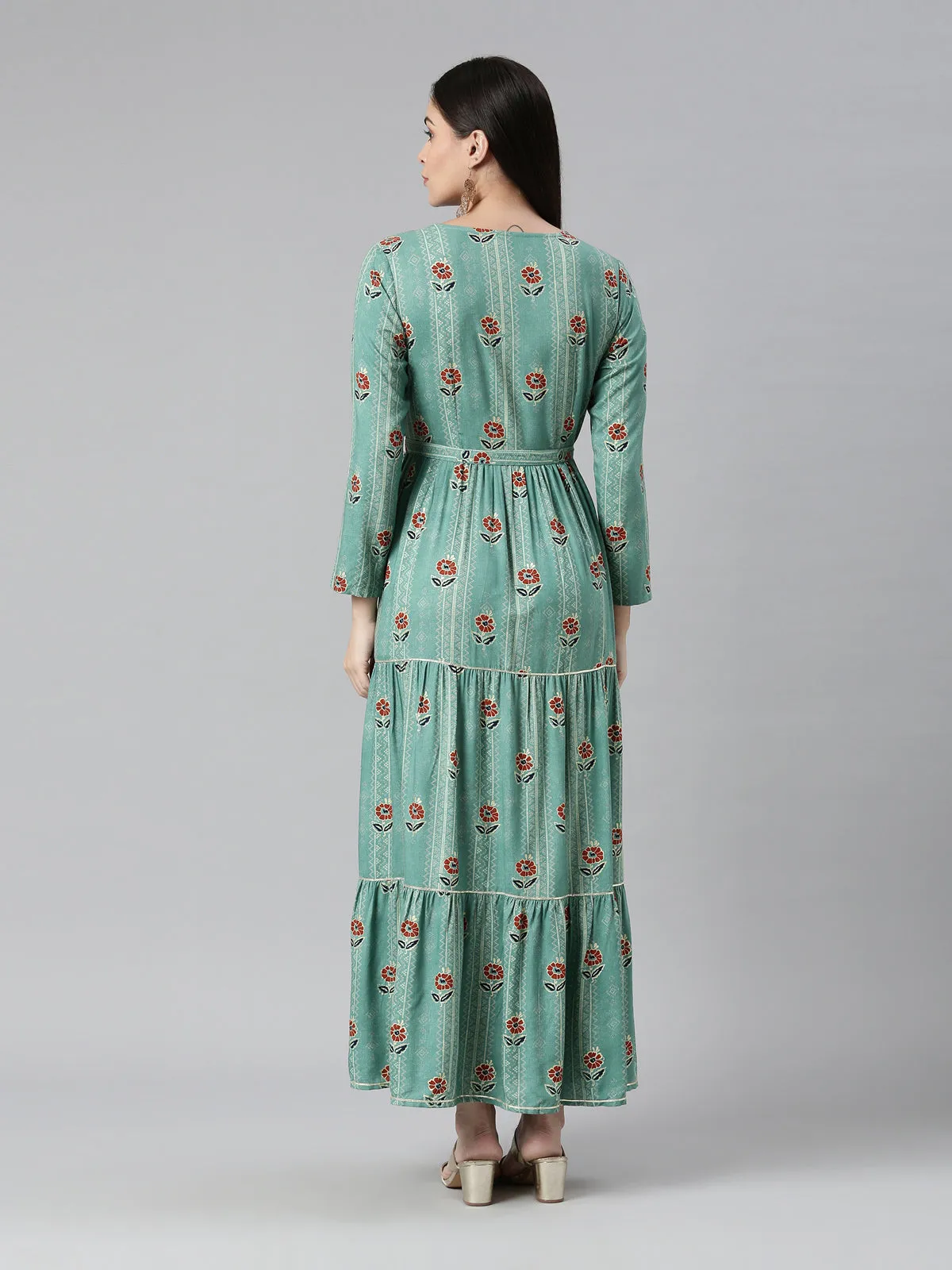 Neerus Women Sea Green Floral Printed Anarkali Kurta