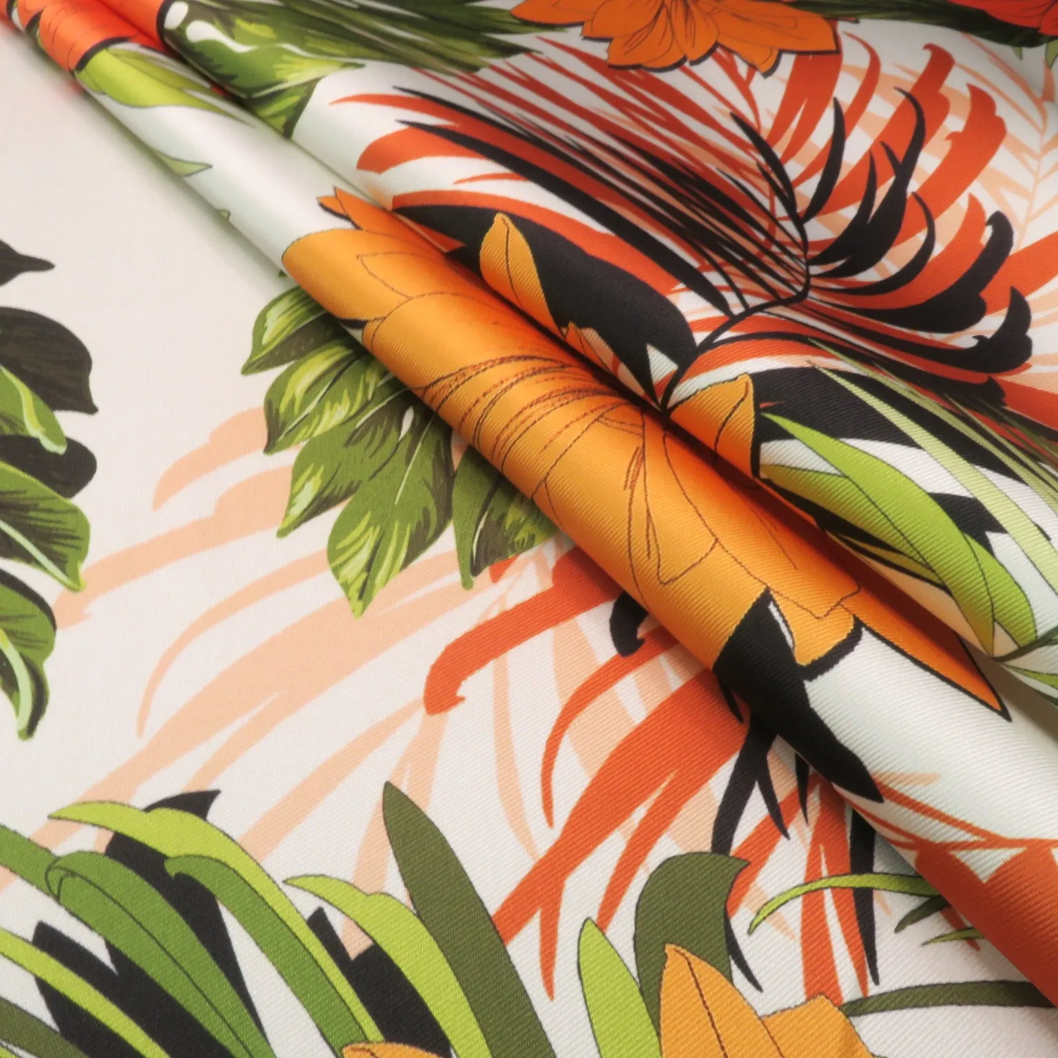 Orange Floral on White Printed Polyester Mikado Fabric