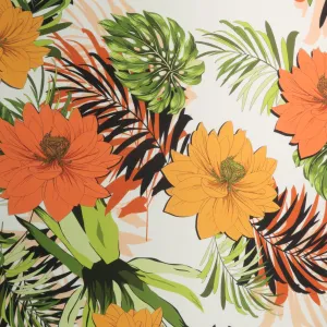 Orange Floral on White Printed Polyester Mikado Fabric