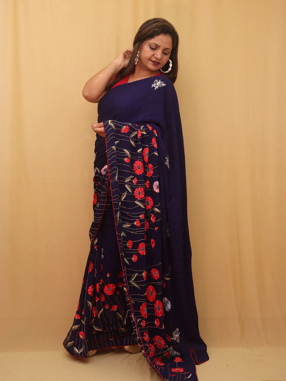 Parsi Gara Crepe Saree with Hand Embroidered Purple Floral Design