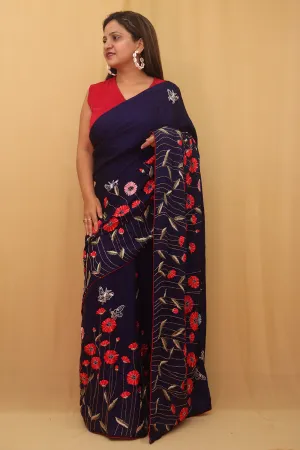 Parsi Gara Crepe Saree with Hand Embroidered Purple Floral Design