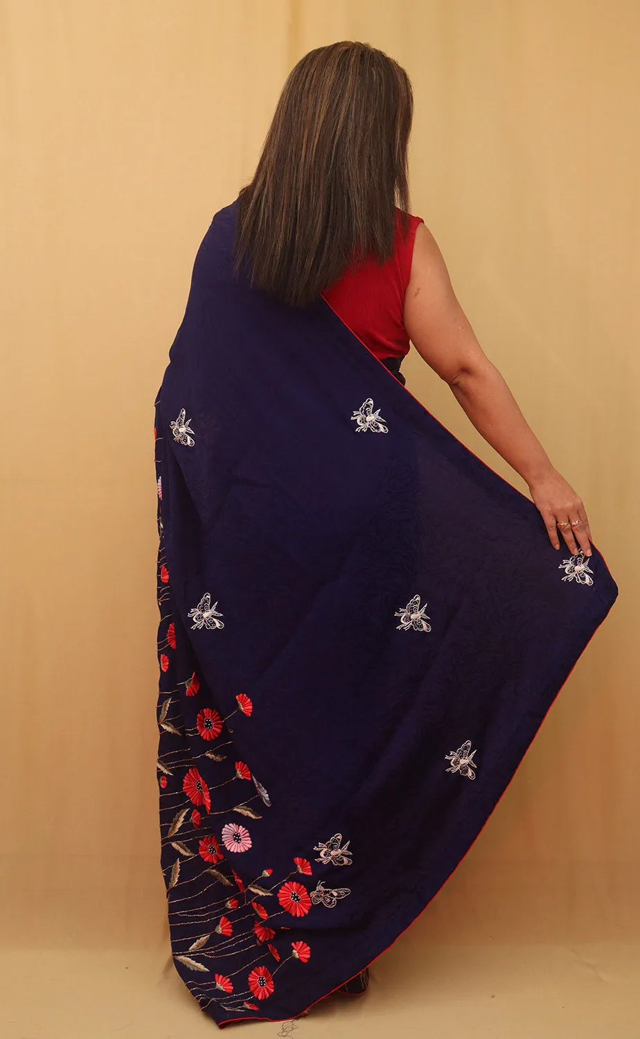 Parsi Gara Crepe Saree with Hand Embroidered Purple Floral Design