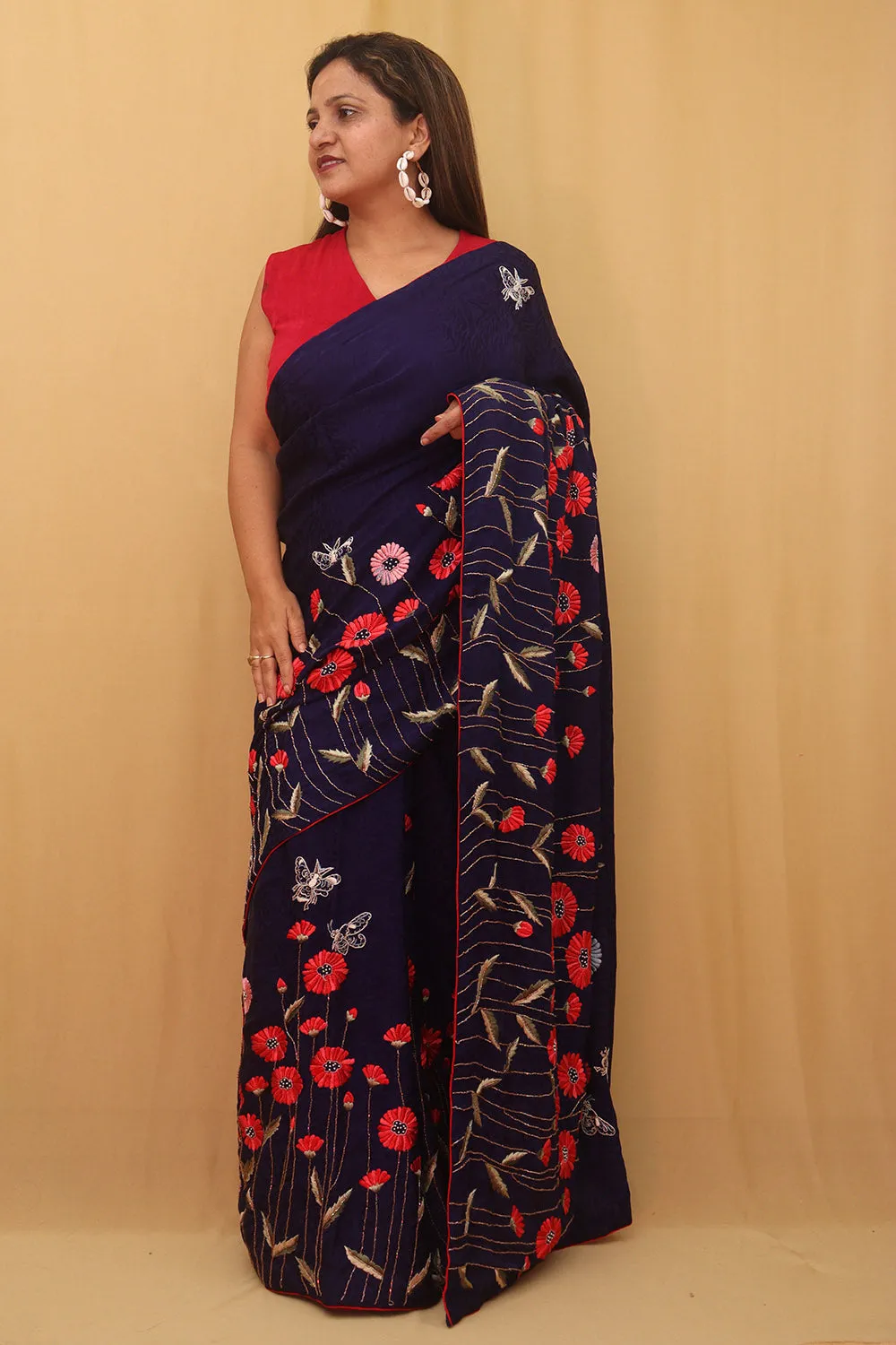 Parsi Gara Crepe Saree with Hand Embroidered Purple Floral Design