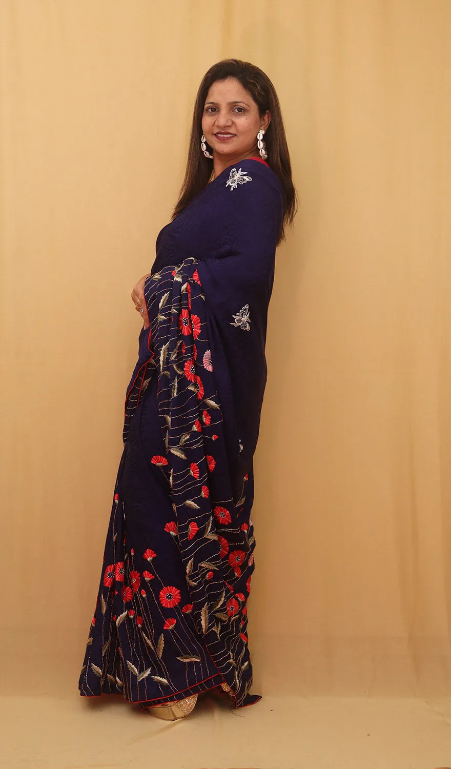 Parsi Gara Crepe Saree with Hand Embroidered Purple Floral Design