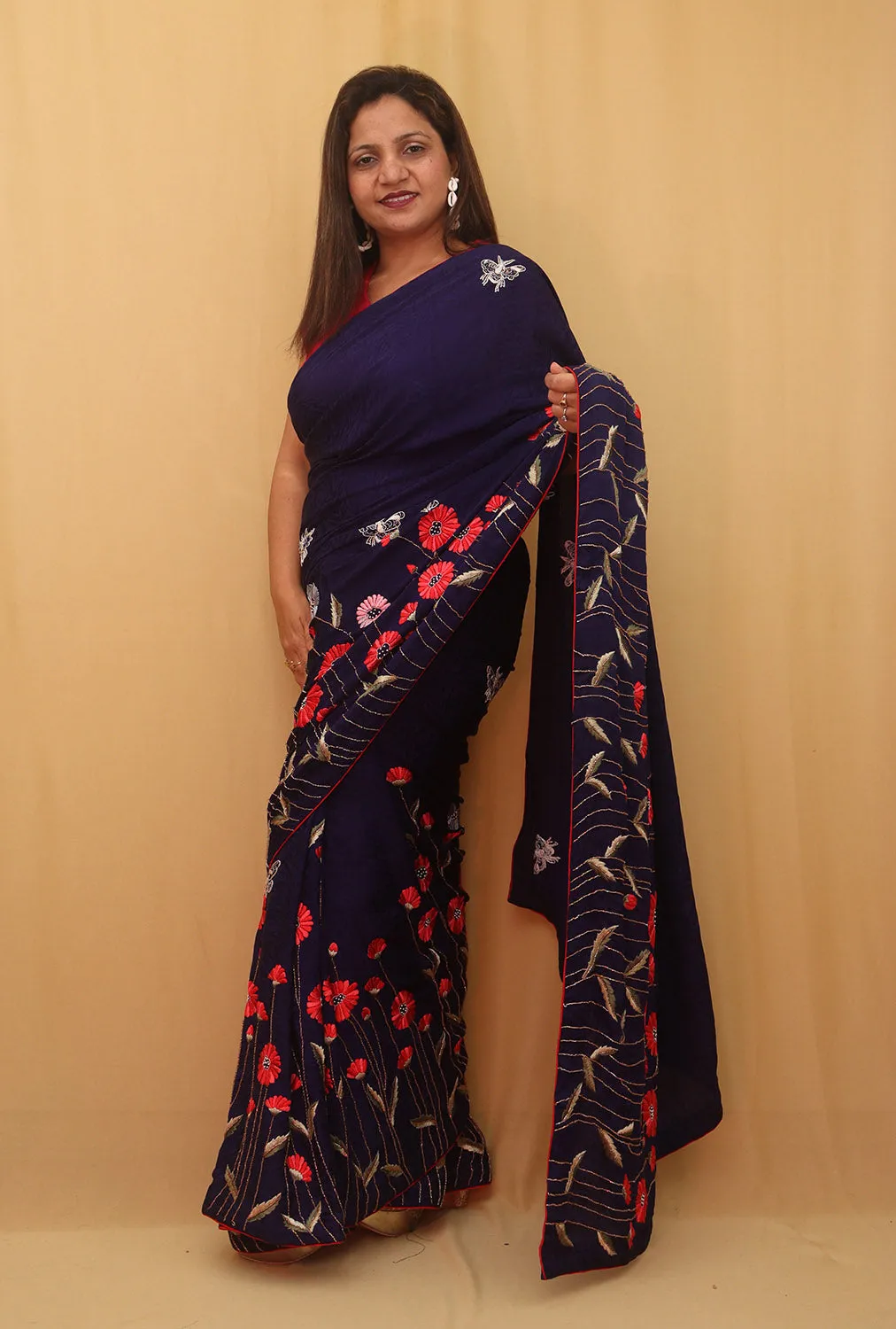 Parsi Gara Crepe Saree with Hand Embroidered Purple Floral Design