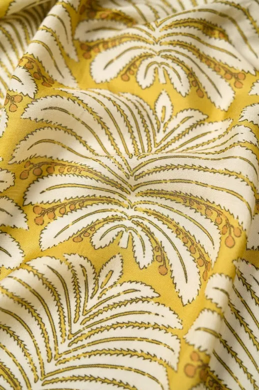 Pastel Yellow Color Leafy Pattern Printed Natural Muslin Silk Fabric