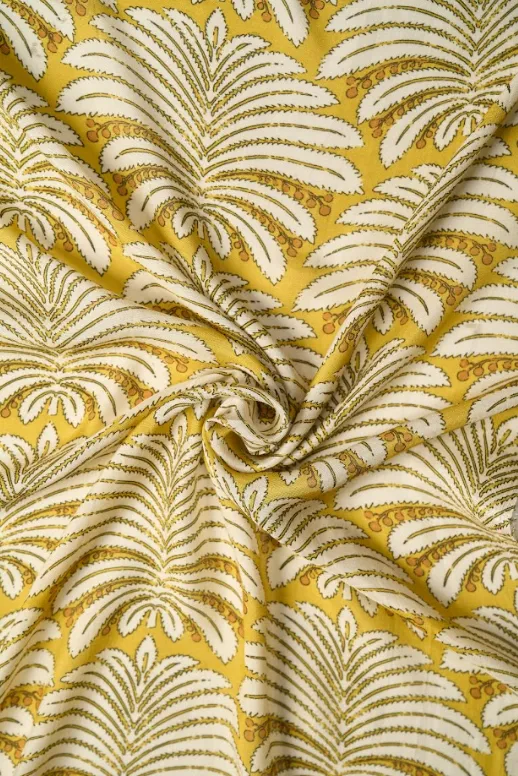 Pastel Yellow Color Leafy Pattern Printed Natural Muslin Silk Fabric