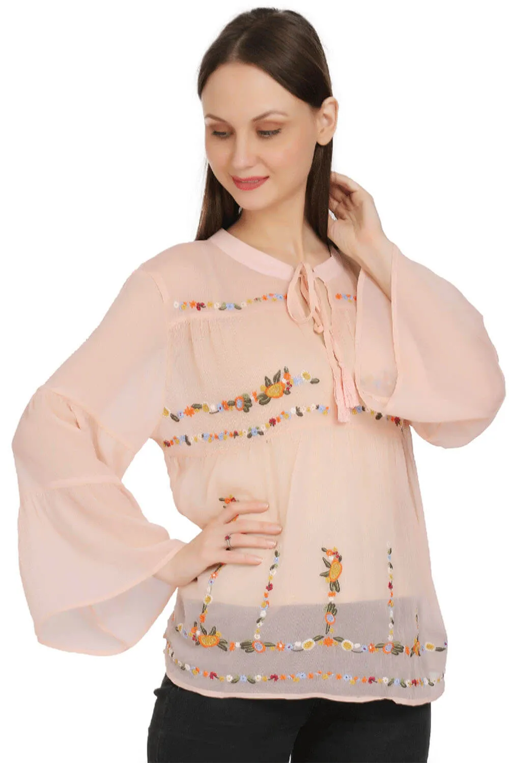 Peach Blossom Chiffon Embroidered Top