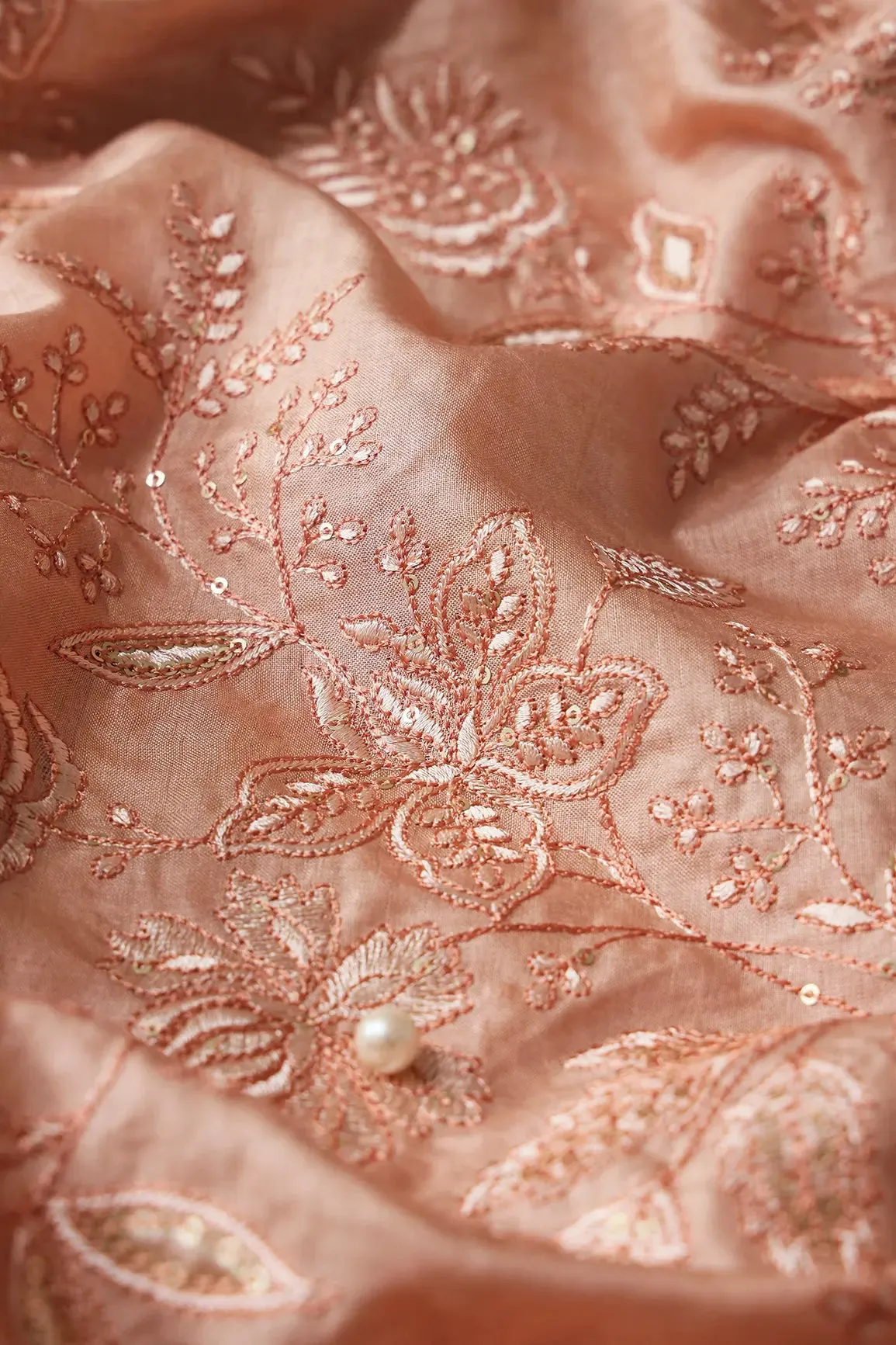 Peach Thread With Gold Sequins Floral Embroidery On Peach Pure Bamboo Silk Fabric