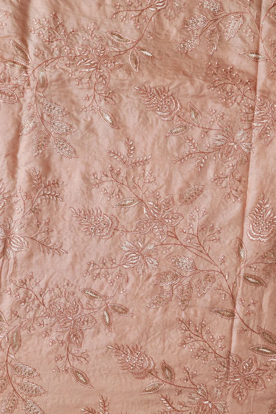 Peach Thread With Gold Sequins Floral Embroidery On Peach Pure Bamboo Silk Fabric