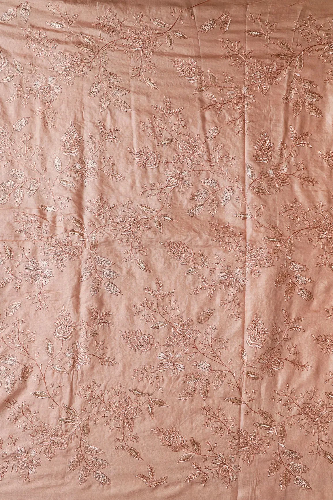 Peach Thread With Gold Sequins Floral Embroidery On Peach Pure Bamboo Silk Fabric