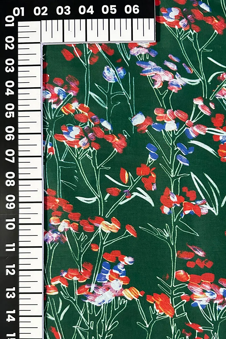 Pine Green Floral Printed Muslin Fabric