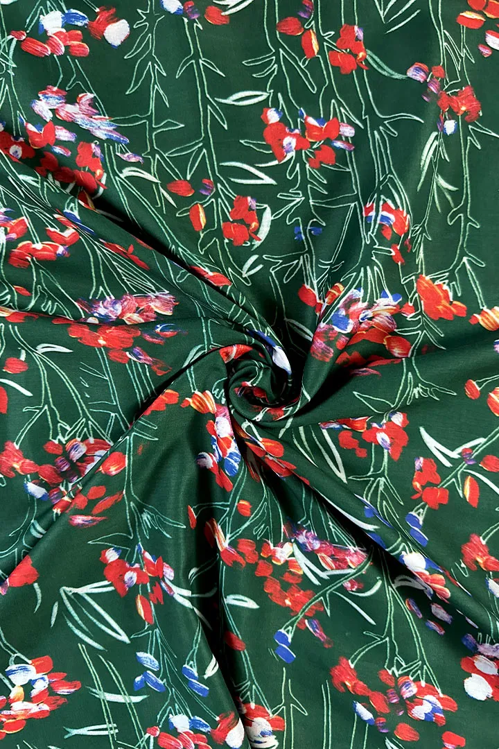 Pine Green Floral Printed Muslin Fabric