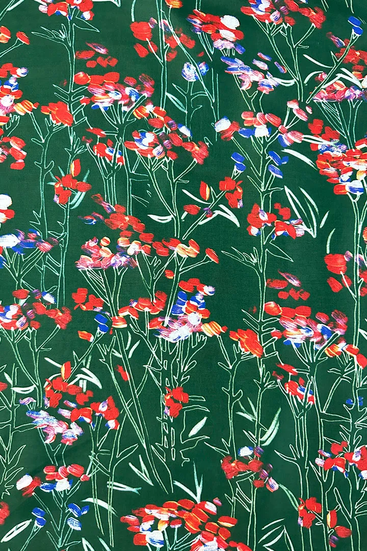 Pine Green Floral Printed Muslin Fabric