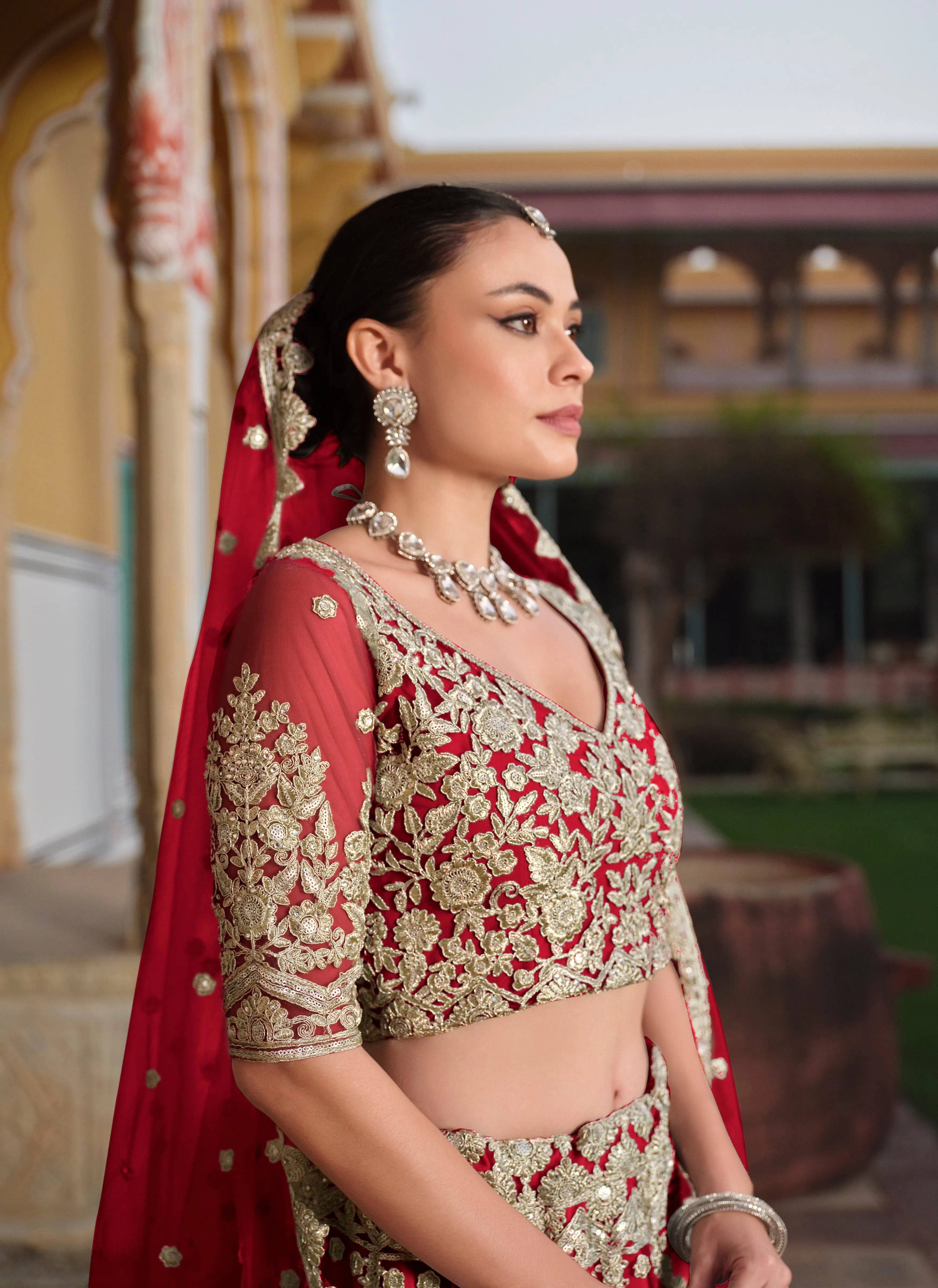 Red Sequined Embroidered Net Bridal Lehenga Choli