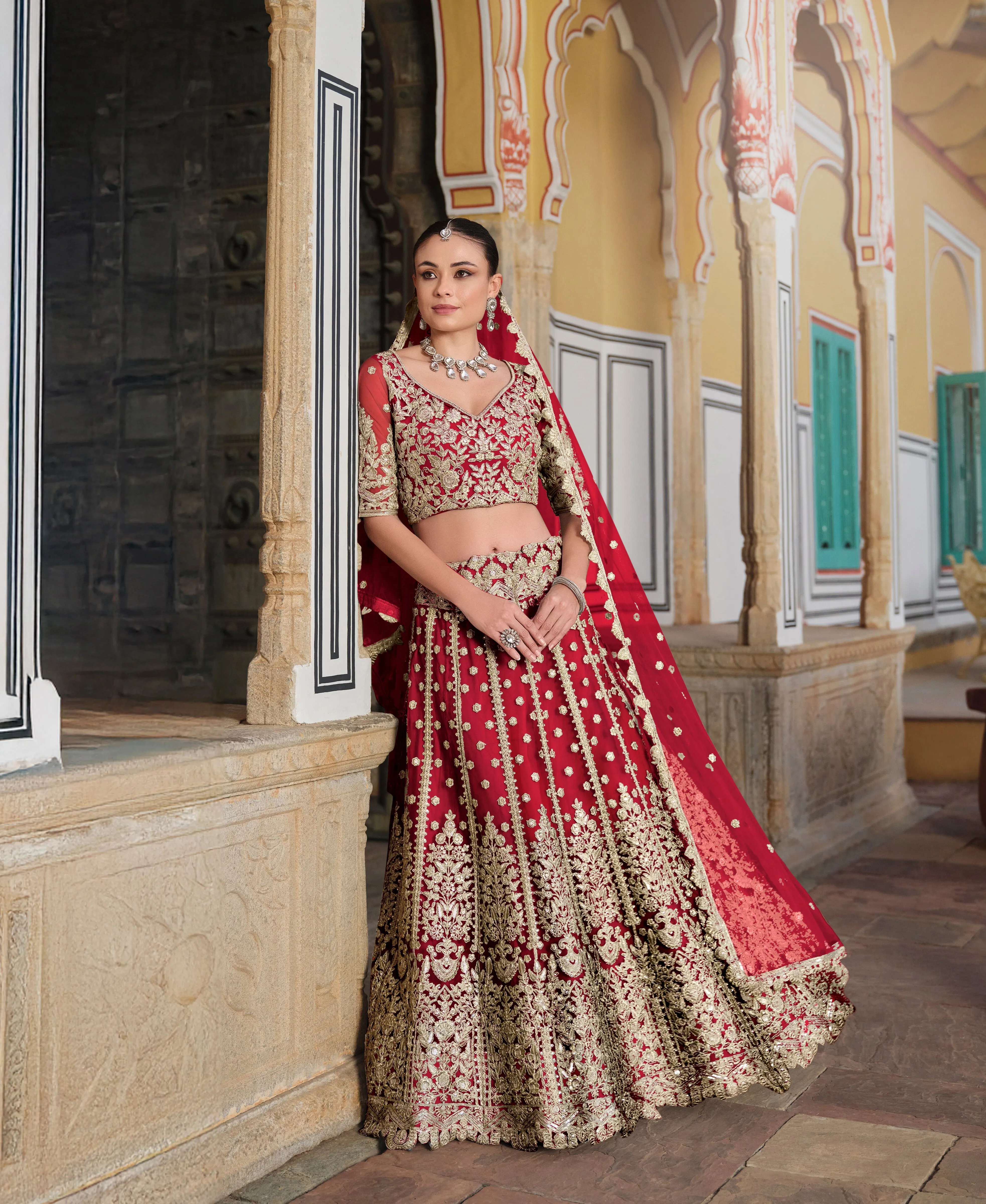 Red Sequined Embroidered Net Bridal Lehenga Choli