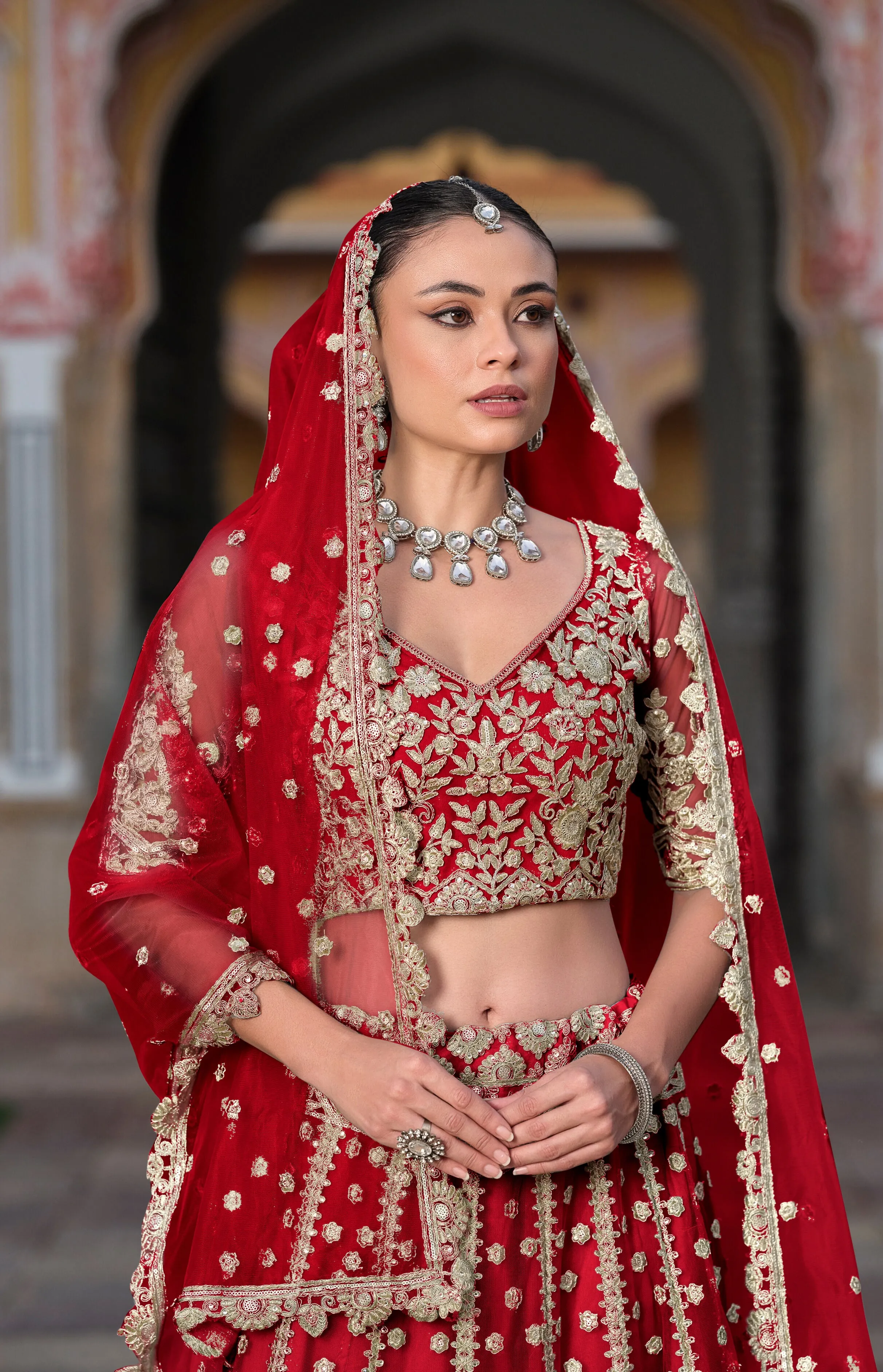 Red Sequined Embroidered Net Bridal Lehenga Choli