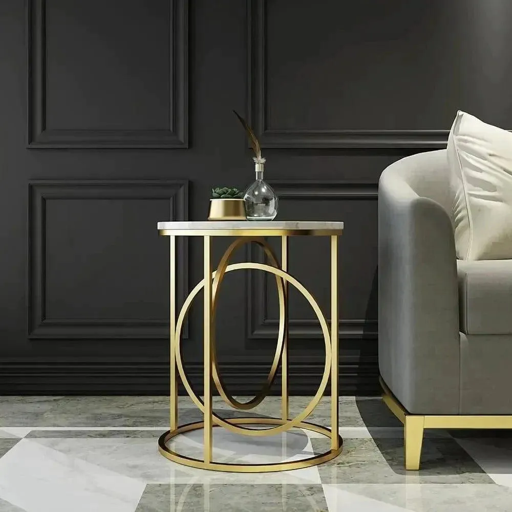 Rounded Side Table in Lavish Gold with a Luxurious Black Marble ( Stainless Steel )