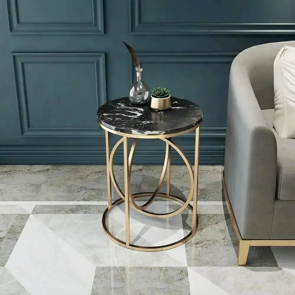 Rounded Side Table in Lavish Gold with a Luxurious Black Marble ( Stainless Steel )