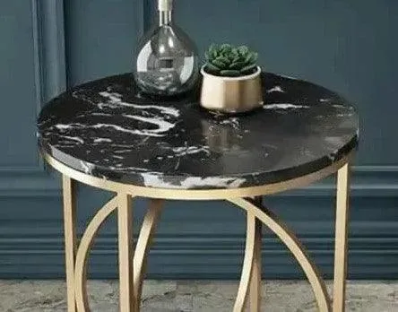 Rounded Side Table in Lavish Gold with a Luxurious Black Marble ( Stainless Steel )