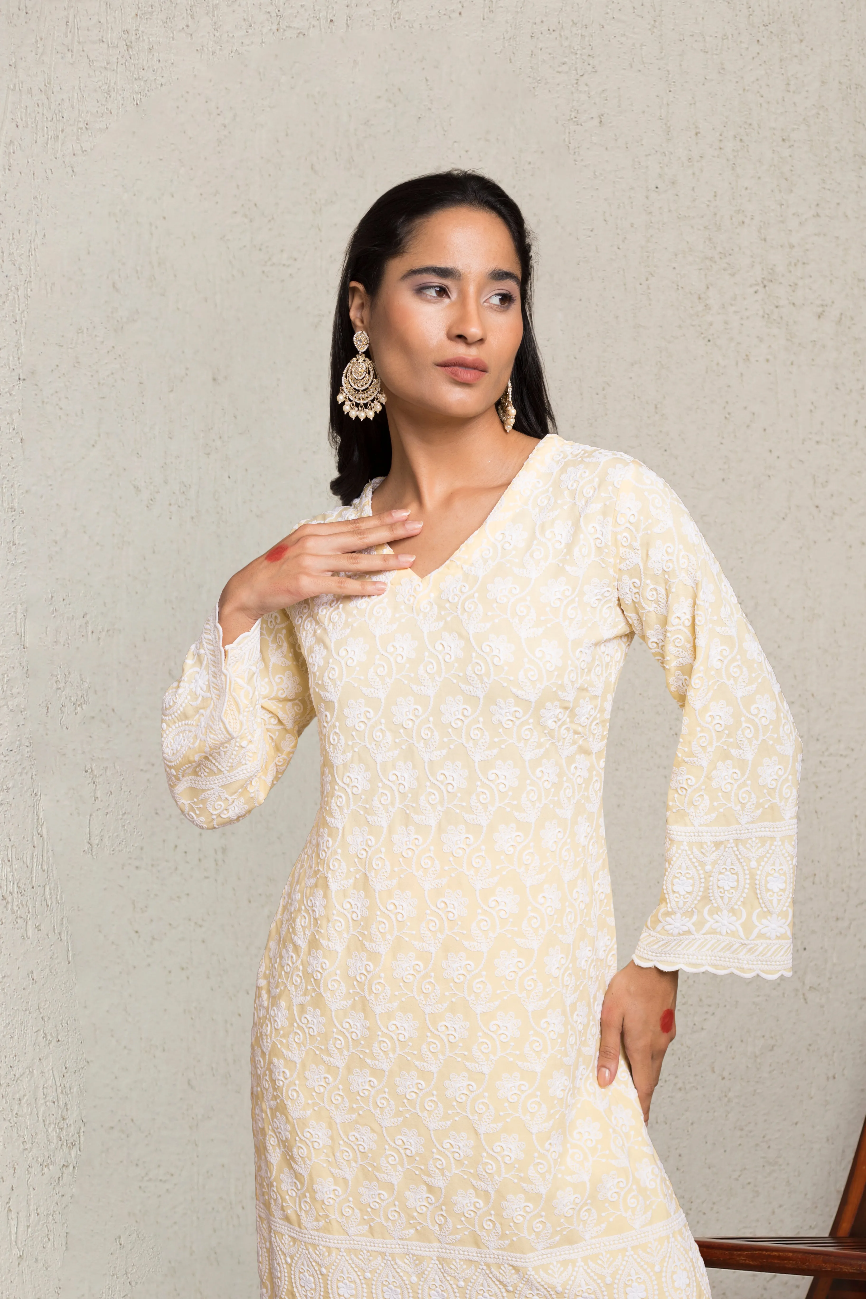 Saba Chikankari Kurta Set in Rayon - Yellow