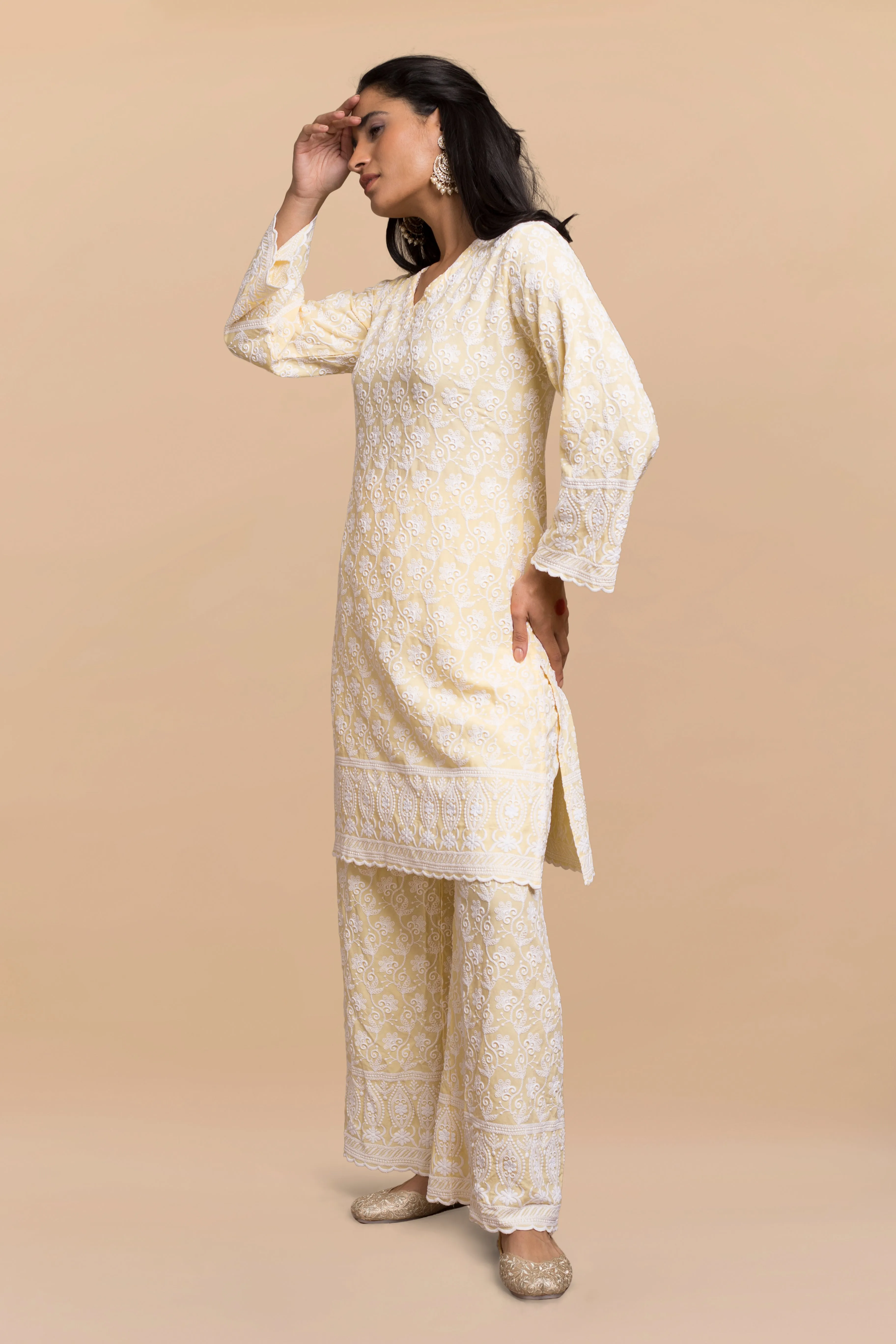 Saba Chikankari Kurta Set in Rayon - Yellow