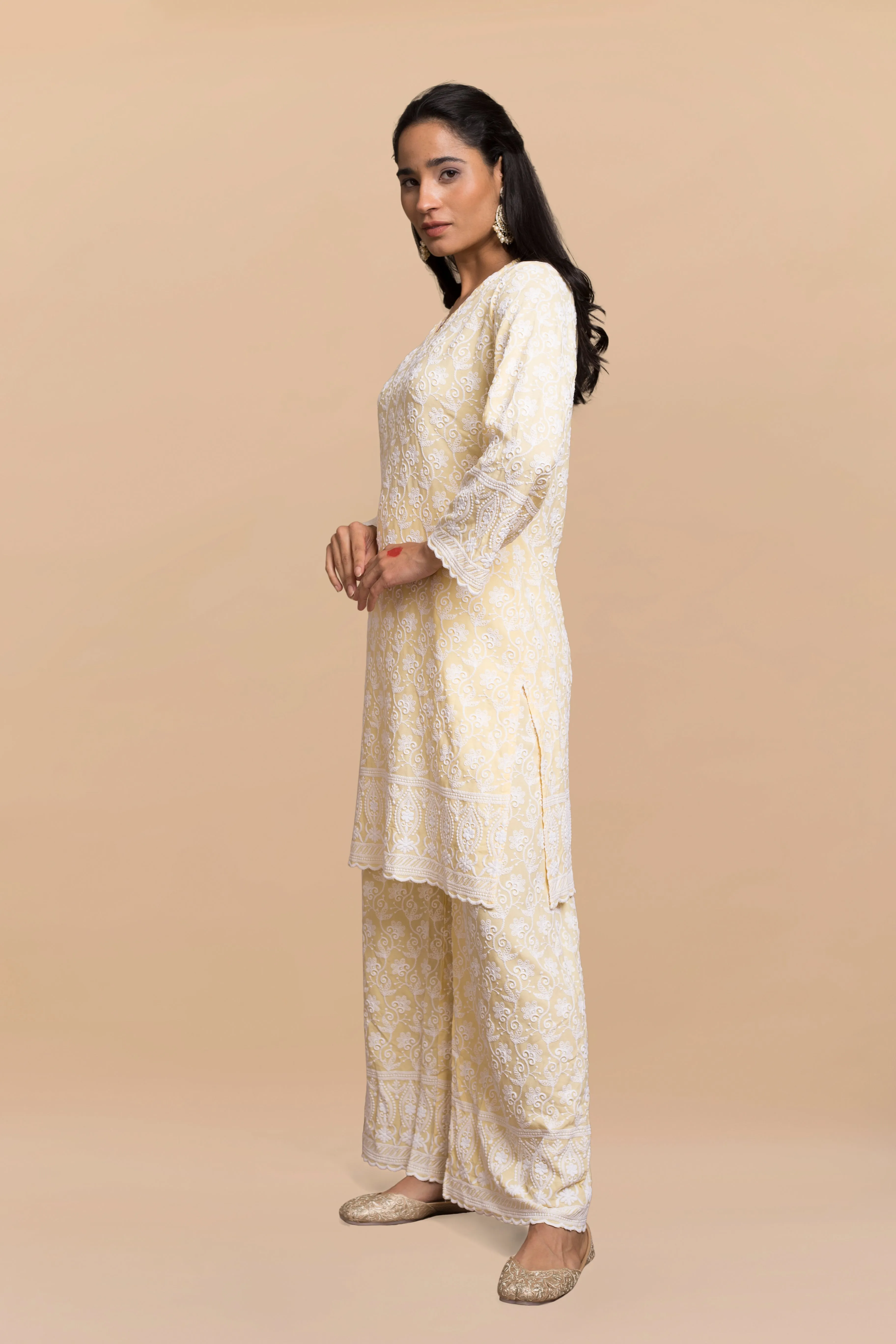 Saba Chikankari Kurta Set in Rayon - Yellow