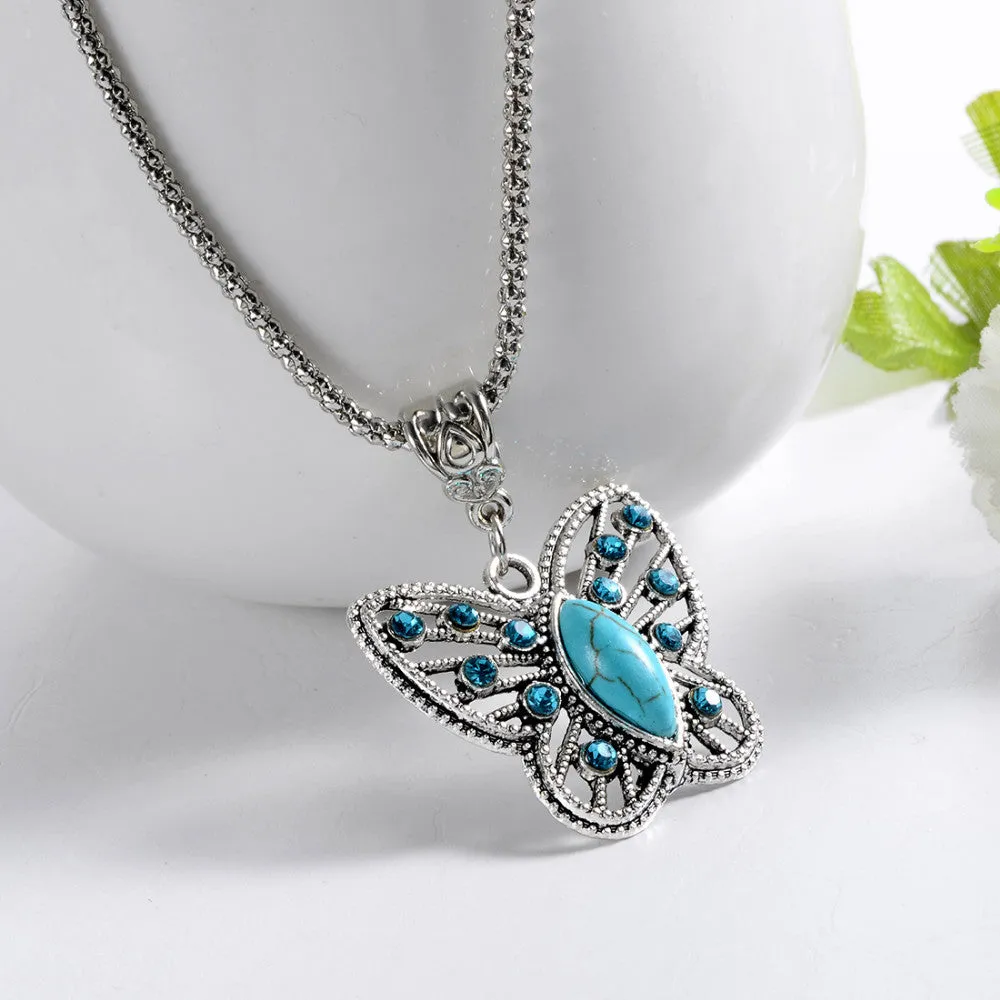 Special Butterfly Natrual Turquoise Stone Necklaces Silver Pendant Accessories for Women Clothing Women's Vintage Style