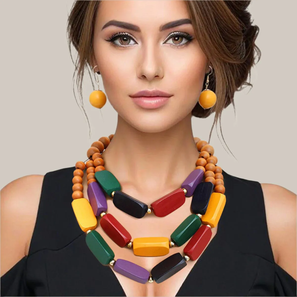 Vibrant Bohemian Wooden Beaded Necklace Set with Matching Earrings