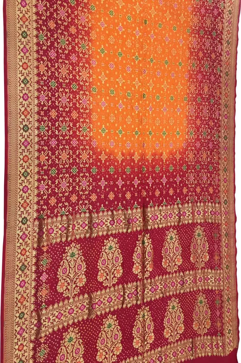 Vibrant Orange & Red Banarasi Bandhani Meenakari Georgette Saree