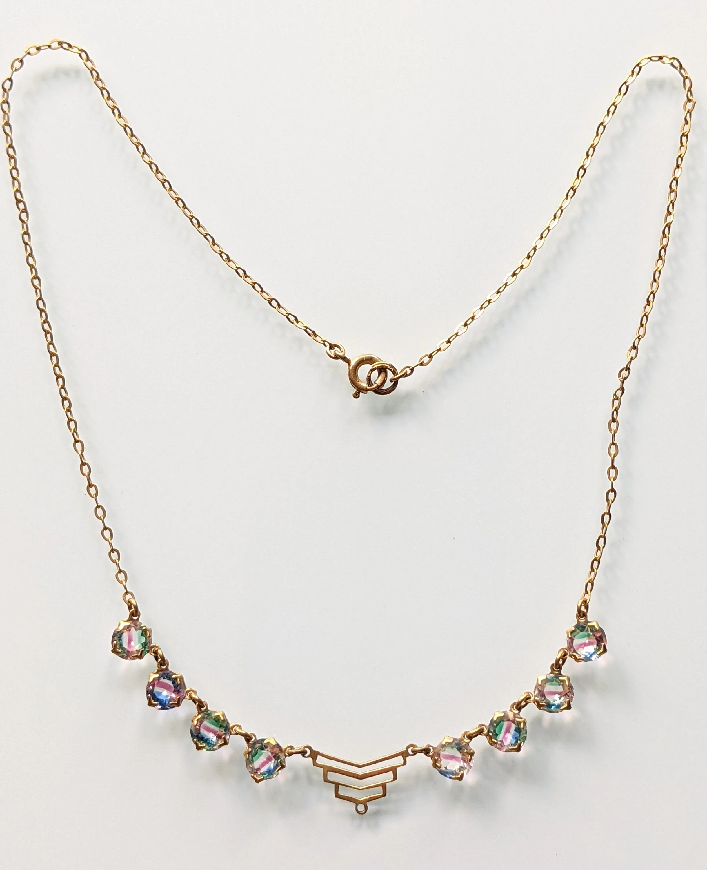 Vintage Art Deco crystal rhinestone delicate semi - riviere necklace, 2 different colours available, iris glass and pink