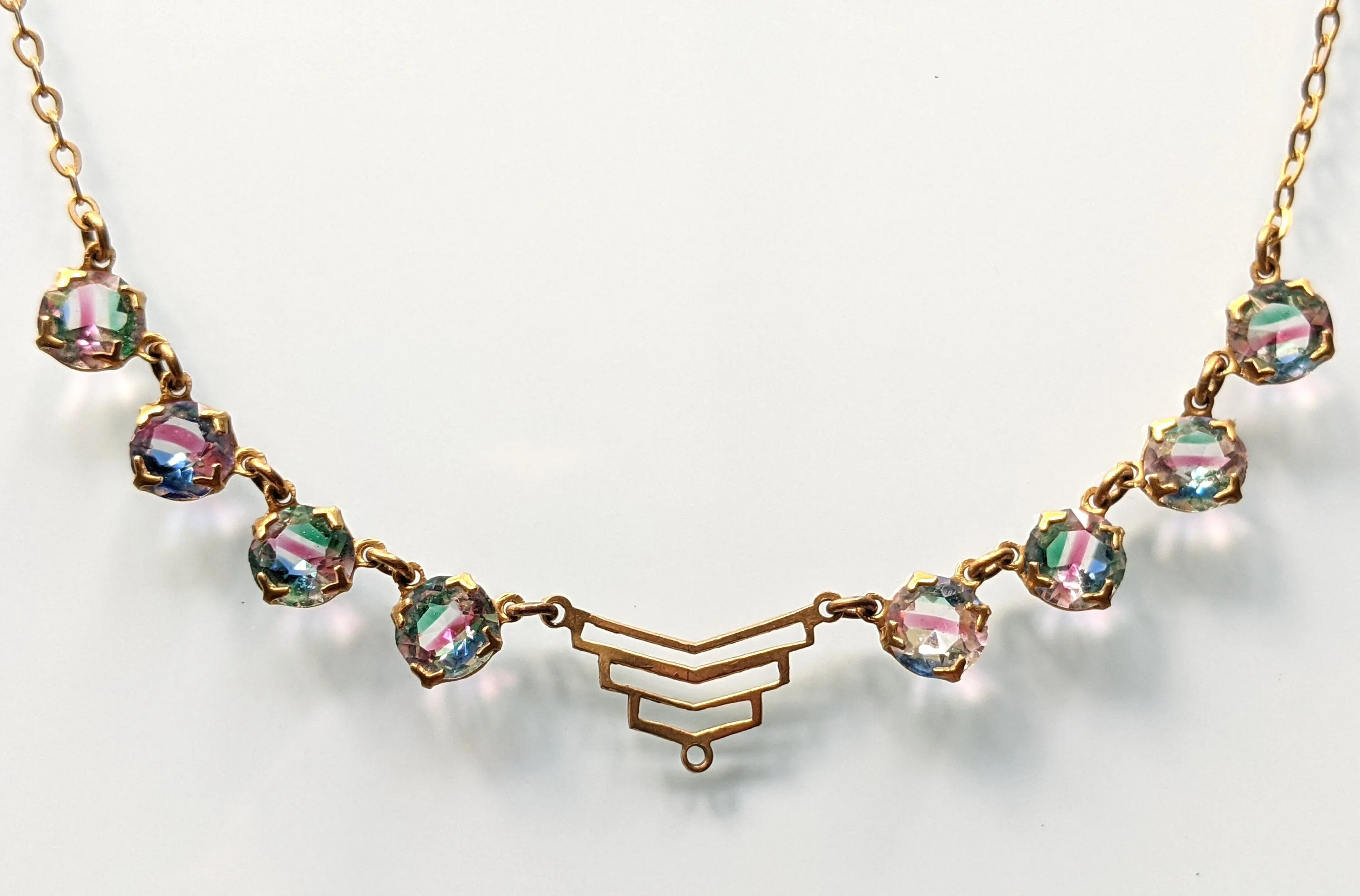 Vintage Art Deco crystal rhinestone delicate semi - riviere necklace, 2 different colours available, iris glass and pink