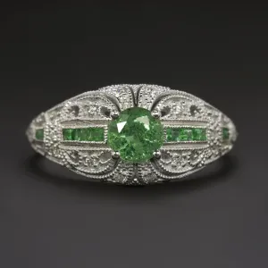 VINTAGE STYLE EMERALD DIAMOND COCKTAIL RING 14k WHITE GOLD ART DECO DOME NATURAL