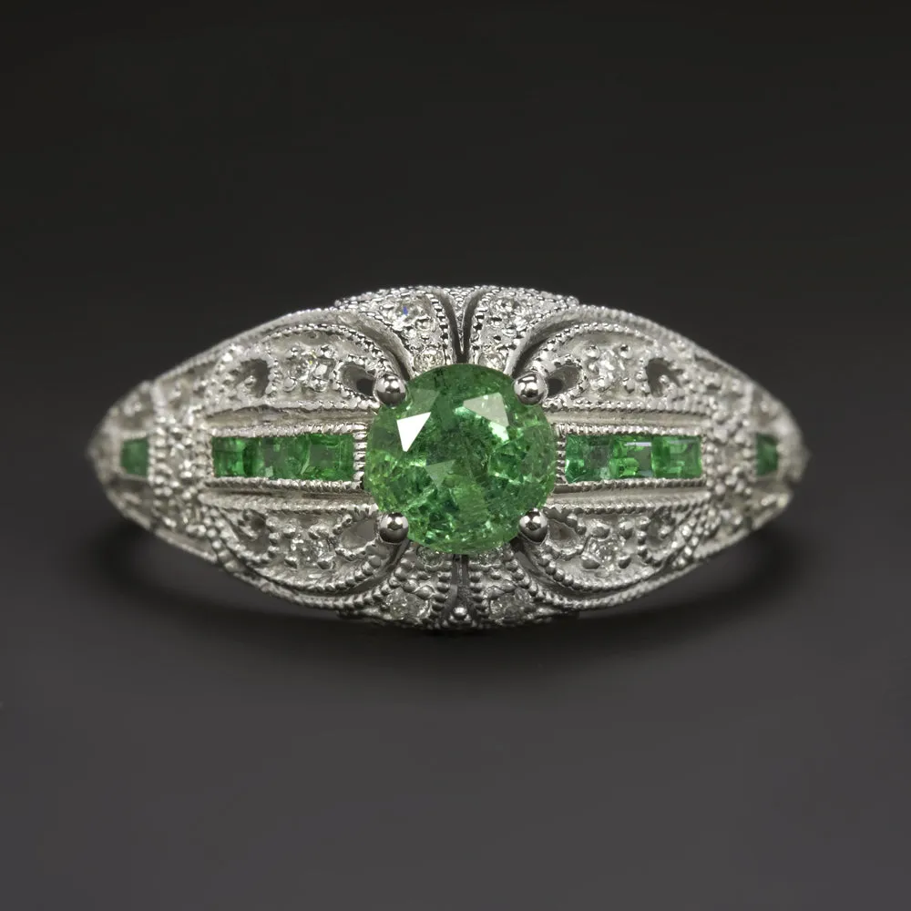 VINTAGE STYLE EMERALD DIAMOND COCKTAIL RING 14k WHITE GOLD ART DECO DOME NATURAL