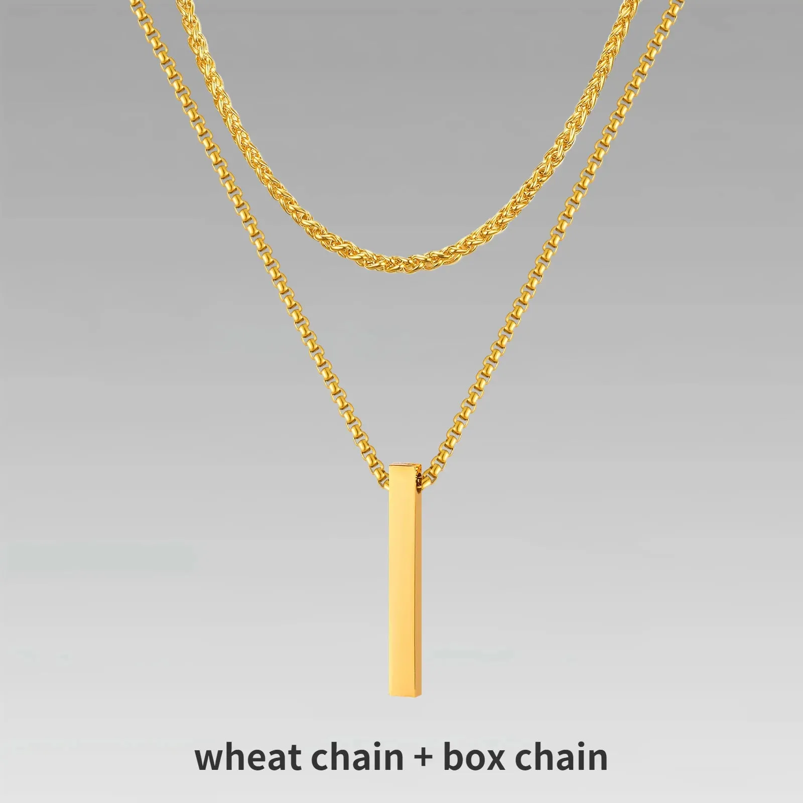 Vnox 3D Vertical Bar Necklaces for Men, Layering Stainless Steel Geometric Pendant, Layered Wheat Rope Cuban Chain, Boy Collar