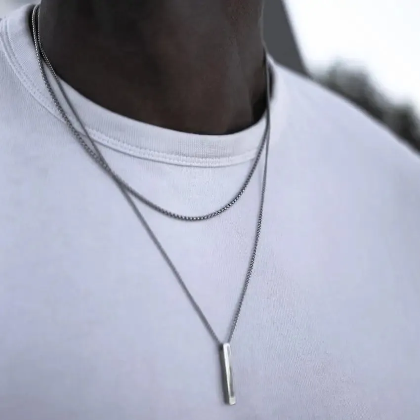 Vnox 3D Vertical Bar Necklaces for Men, Layering Stainless Steel Geometric Pendant, Layered Wheat Rope Cuban Chain, Boy Collar