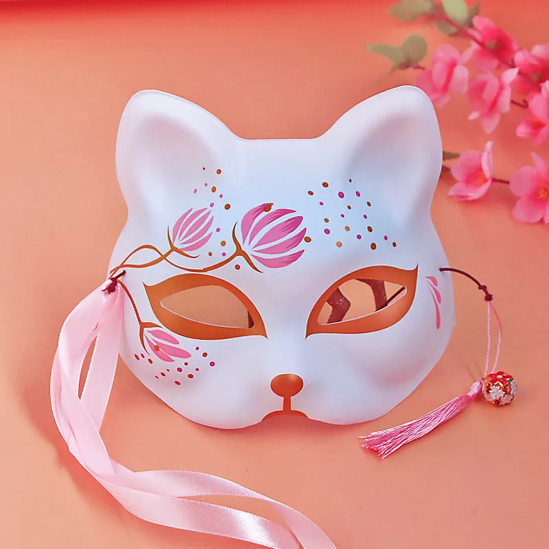 White Japanese Fox Mask with Pink and Gold Accents