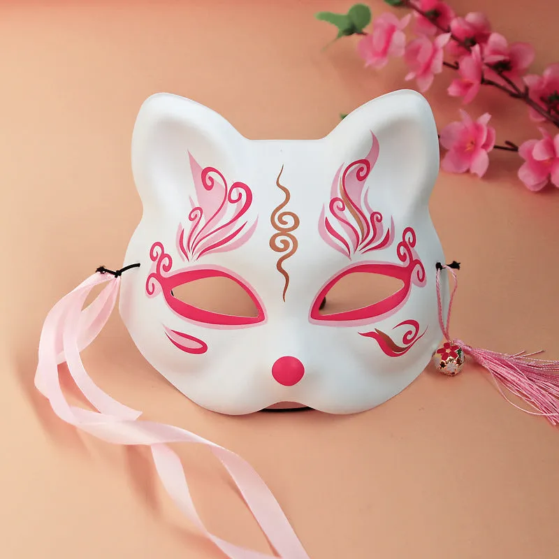 White Japanese Fox Mask with Pink and Gold Accents