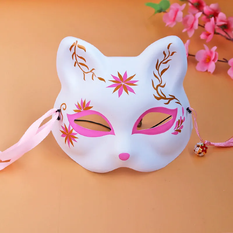 White Japanese Fox Mask with Pink and Gold Accents