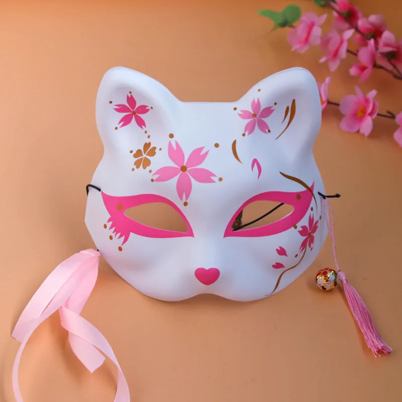 White Japanese Fox Mask with Pink and Gold Accents