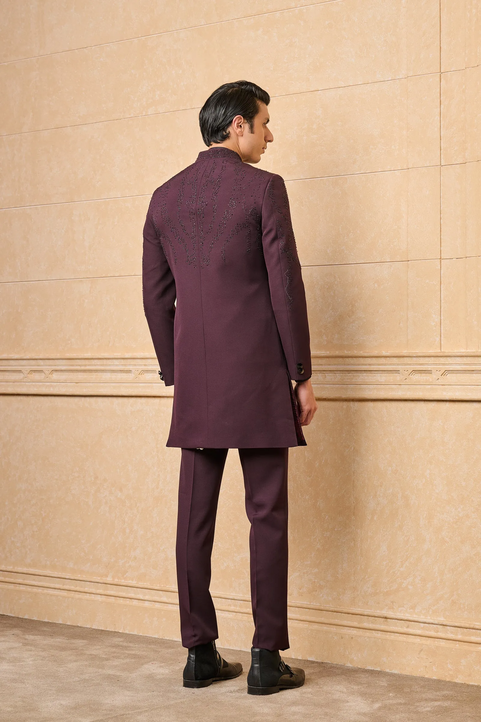 Wine Embroidered Layered Achkan